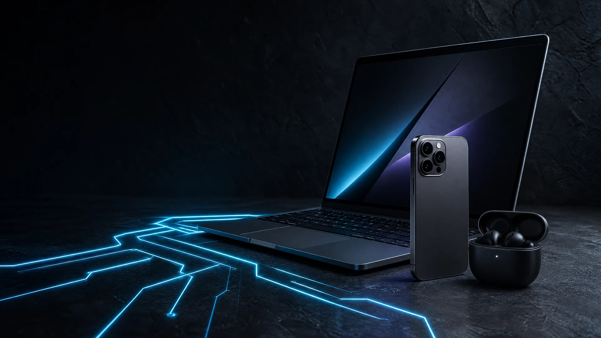 Laptop, điện thoại và tai nghe trên nền studio công nghệ tối
